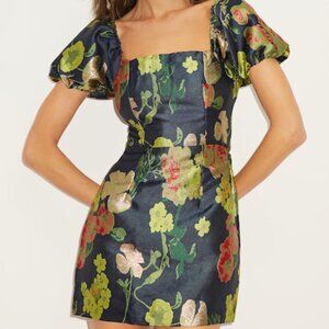 Lulus So Stunning Navy Blue Floral Jacquard Puff Sleeve Mini Dress - Size L